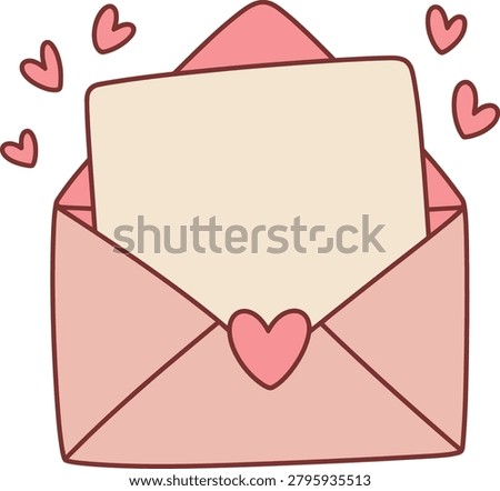 Illustration of an open pink envelope with blank paper surrounded by floating hearts.