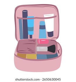 Ilustração de um saco de maquiagem rosa aberto preenchido com cosméticos variados e uma escova dentro de um divisor ideal para beleza e conteúdo relacionado à moda.