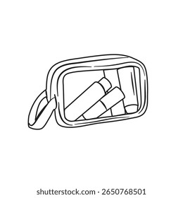 Illustratie van een open roze make-up tas gevuld met diverse cosmetica en een borstel in een verdeler ideaal voor schoonheid en mode-gerelateerde inhoud.