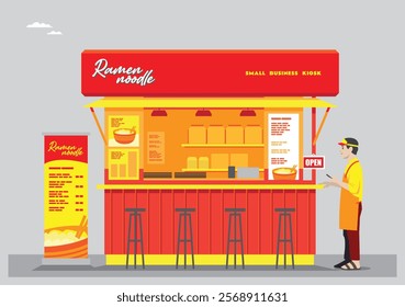 an illustration of an open ramen shop with a ramen noodle sign and red yellow colors with chef stand