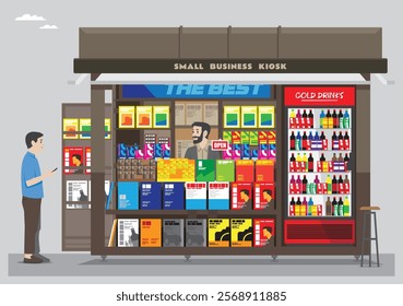 an illustration of an open small box kiosk shop with magazines, drinks, candies and items selling on the street