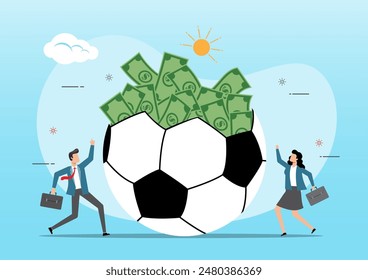 An illustration of an open soccer ball with money inside. People investing in football players, betting concept