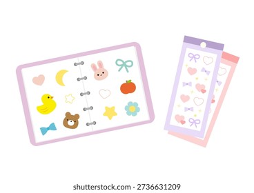An illustration of an open sticker book and stickers