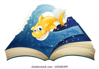 Illustration of an open storybook with a smiling shark on a white background
