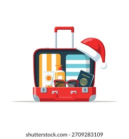 Ilustración de la maleta abierta que contiene el artículo esencial del viaje de verano en tema de las Navidades