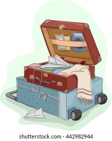 Ilustración de una maleta abierta sentada encima de un equipaje