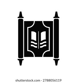 Illustration of an open Torah scroll with two handles, displaying Hebrew text, symbolizing Jewish heritage and religious study in a minimalist black and white design.