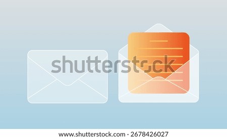 Illustration of an open transparent envelope with paper letter inside. Suitable for communication, email, messages, office, correspondence, business, web and digital design projects.