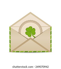 Illustration open vintage envelope with clover isolated on white background for St. Patrick's Day - vector