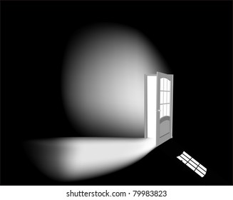 illustration with open white door on black background