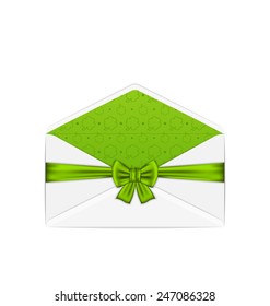 Illustration open white envelope with bow ribbon for St. Patrick's Day, isolated on white background - vector