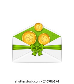 Illustration open white envelope with golden coins and bow ribbon for St. Patrick's Day, isolated on white background - vector