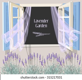 Illustration of open window with blue shutters and lavender