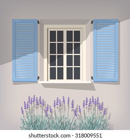 Illustration of open window with blue shutters and lavender