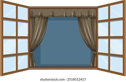 Illustration of an open window with curtains
