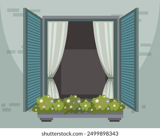 Ilustración de una ventana abierta con flores