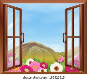 Illustration of an open window with flowers outside