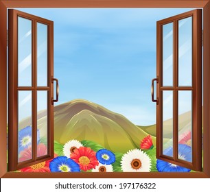 Illustration of an open window with flowers outside