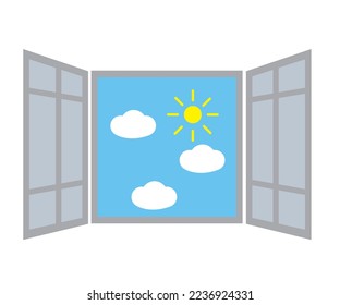 Illustration of an open window, nature view, cartoon