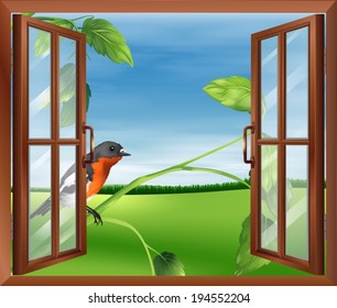 Illustration of an open window with a view of the bird outside