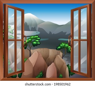 Illustration of an open window with a view of the cliff
