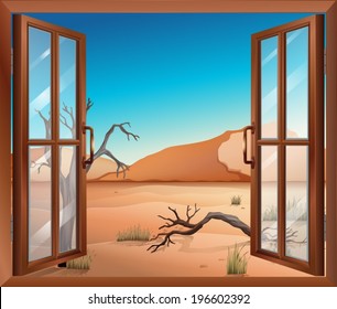 Ilustración de una ventana abierta con vistas al desierto