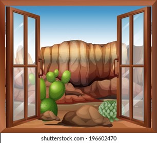 Illustration of an open window with a view of the desert and the cactus plants