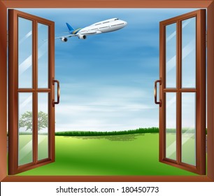 Illustration of an open window with a view of the plane