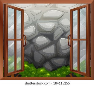 Ilustración de una ventana abierta con vistas a la puerta de piedra