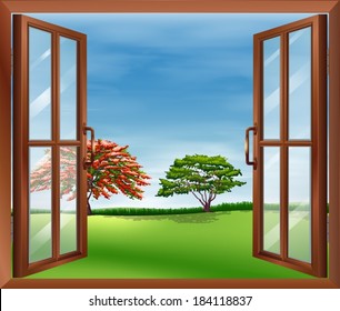 Illustration of an open wooden window