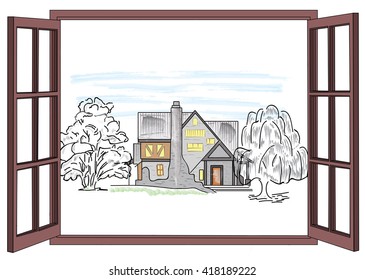 Illustration of an open wooden window