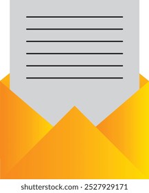 Illustration of an open yellow envelope containing a letter with black text lines, symbolizing a message or communication.