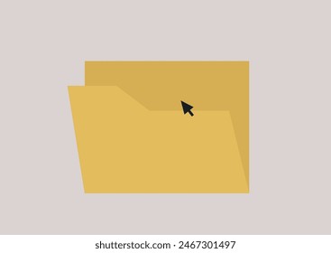 Ilustración de una carpeta amarilla abierta con un cursor negro apuntando hacia ella contra un fondo de escritorio neutro