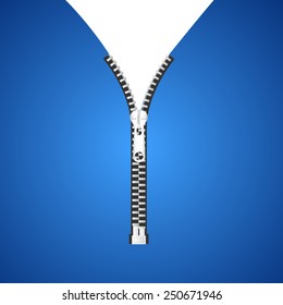 Illustration of an open zipper on denim material.