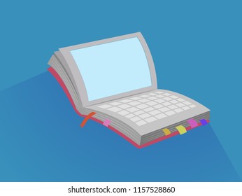 Ilustración de un libro abierto con marcadores y diseño de portátiles
