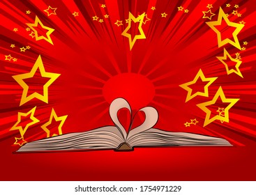 Illustration of Opened book with sheets in the form of heart - comic book style, cartoon vector illustrated.