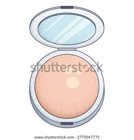 Illustration of an opened cosmetic powder compact with a built-in mirror.