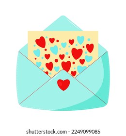 Illustration of the opened envelope with letter and hearts. Vector blue envelope.