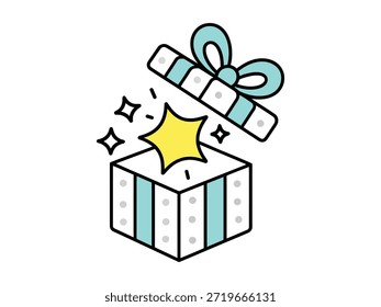 Ilustración de una caja de regalo abierta con cinta verde azulado y una estrella amarilla aislada sobre fondo blanco