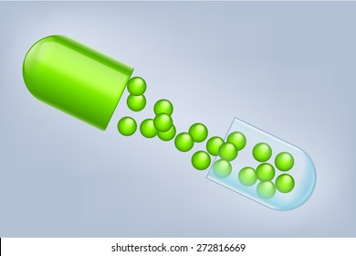 illustration of opened green pill with granules