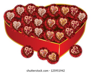 Illustration of opened red heart shape gift with chocolates for Valentine's Day.