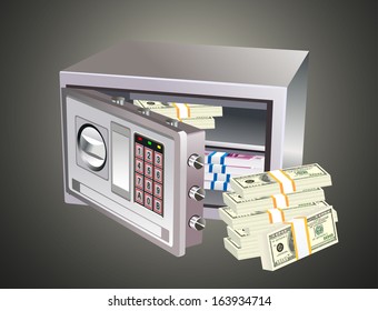 illustration of opened steel safe with money