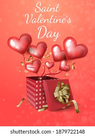 An illustration with an opening gift box and flying beautiful hearts on a bright red background. Festive banner for Valentine's Day. Vector illustration