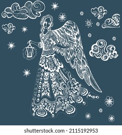 Illustration of an openwork angel in the clouds with a lantern (vector)