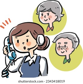 Illustration of operator answering the phone with an elderly man and woman