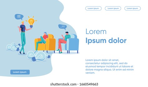 Illustration Opponents Ideas Differ Radically. Guy and Girl are Sitting in Chairs and Listening to Man. Guy Stands among Extinct Light Bulbs on Floor and Holds Luminous Bulb on his Hand.