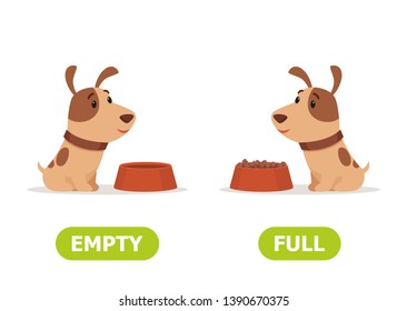 Illustration of opposites full and empty. Puppy is sitting with a full and empty bowl. Card for teaching aid, for a foreign language learning. Vector illustration on white background.
