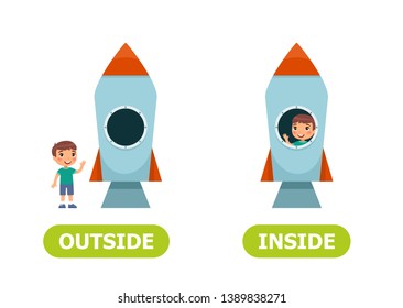 Illustration of opposites inside and outside.  A boy inside the rocket and a boy outside.
Card for teaching aid, for a foreign language learning. Vector illustration on white background.
