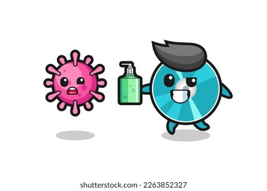 illustration of optical disc character chasing evil virus with hand sanitizer , cute style design for t shirt, sticker, logo element