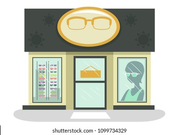 Illustration of an Optical Shop with Eyeglasses and Sunglasses on Display